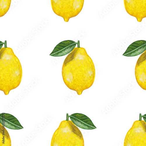 seamless whole lemon pattern with leaf isolated on a white background. Hand-drawn raster illustration with gouache paints in a realistic style. Fruit Lemon Seamless Print