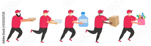 safe delivery  courier in protective mask with water bottle pizza toilet paper grocery products during coronavirus pandemic threat