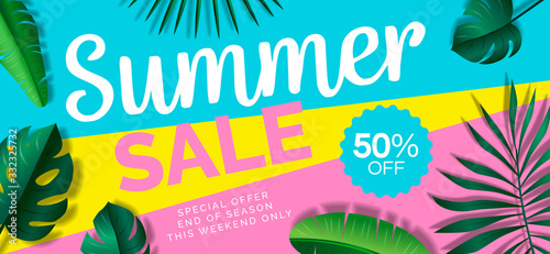 summer sale web  banner design with tropical leaves on geometric colorful background