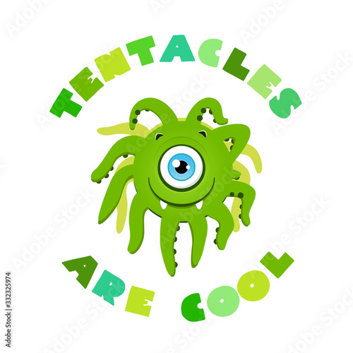 Tentacles Are Cool. Illustration of a happy green monster with a lot of tentacles in cartoon style. Objects isolated on white background. Vector 8 EPS.