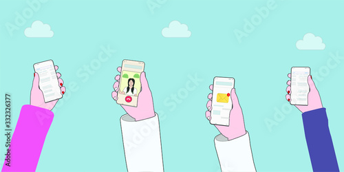Hands hold the phone and lift up into the sky. Symbolizes the high value of gadgets in human life and the habit of remote communication through instant messengers, information search. Vector illustrat
