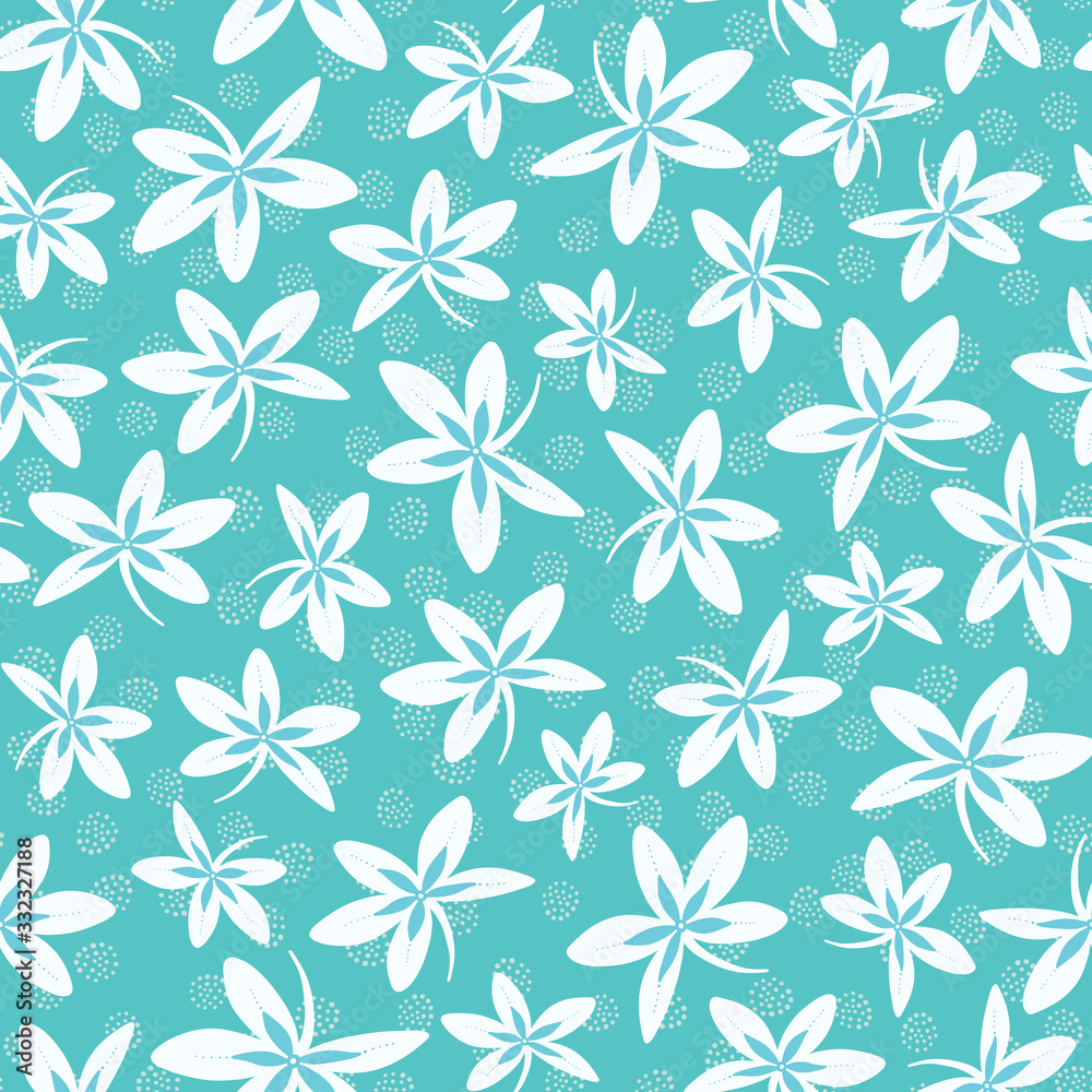 Floral pattern background. Seamless tossed repeat vector design of flowers in aqua and white.