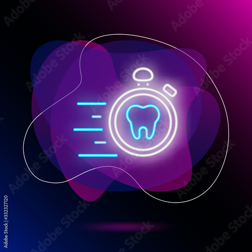 Emergency dental care neon sign. Luminous signboard with tooth and stopwatch. Night bright advertisement. Vector illustration in neon style for commercial, dentistry, clinic