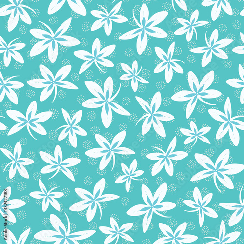 Floral pattern background. Seamless tossed repeat vector design of flowers in aqua and white.
