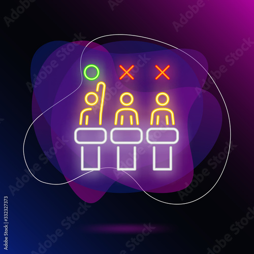 Jury neon sign. Glowing judges in chairs with red and green signs above heads on brick wall background. Vector illustration can be used for music, song contest, TV show