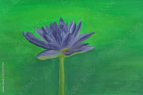 poster color painting of purple water lily flower with yellow green nature background