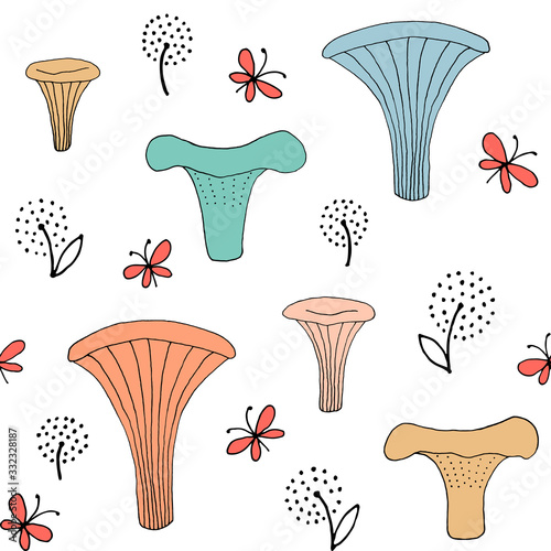 Seamless texture with forest mushrooms and hand drawn elements