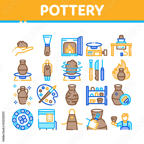 Pottery And Ceramics Collection Icons Set Vector. Pottery Equipment And Kiln, Potter And Spatula, Vase And Plate, Paint And Roasting Concept Linear Pictograms. Color Illustrations