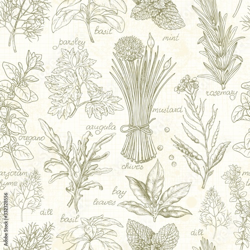 Kitchen seamless pattern with herbs, vector hand drawn illustration in vintage style on old background.