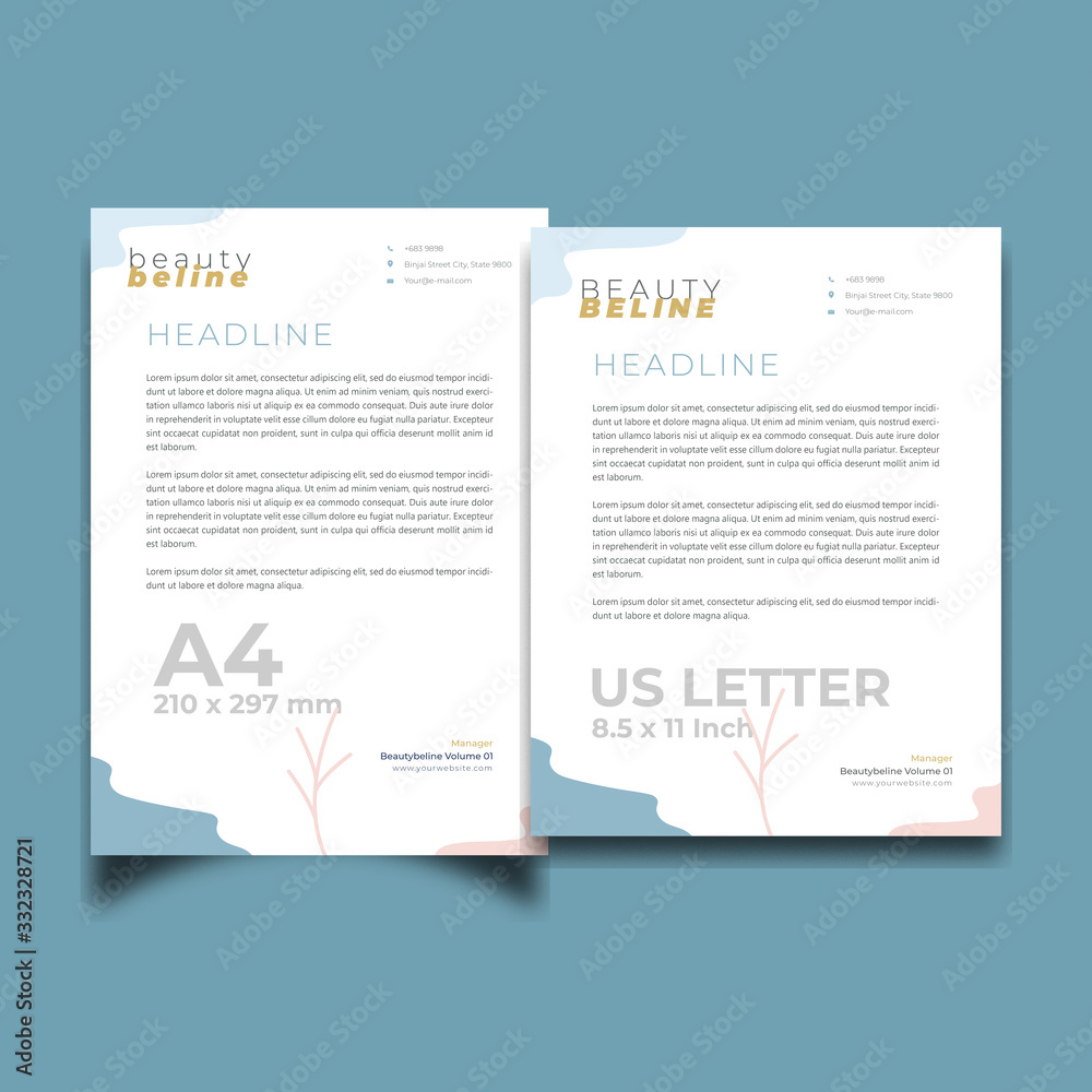Letterhead layout with blue pink corner abstract background Minimalist design template