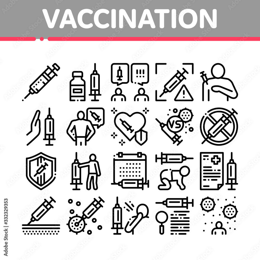 Fototapeta premium Vaccination Syringe Collection Icons Set Vector. Healthcare Vaccination, Baby And Human Health Care Injection, Virus And Disease Research Concept Linear Pictograms. Monochrome Contour Illustrations