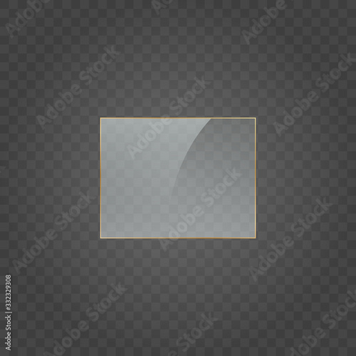 Glass plate on transparent background. Acrylic and glass texture with glares and light. Realistic transparent glass window in rectangle frame. Vector