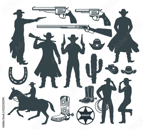 western cowboy silhouette illustration vector graphic design set