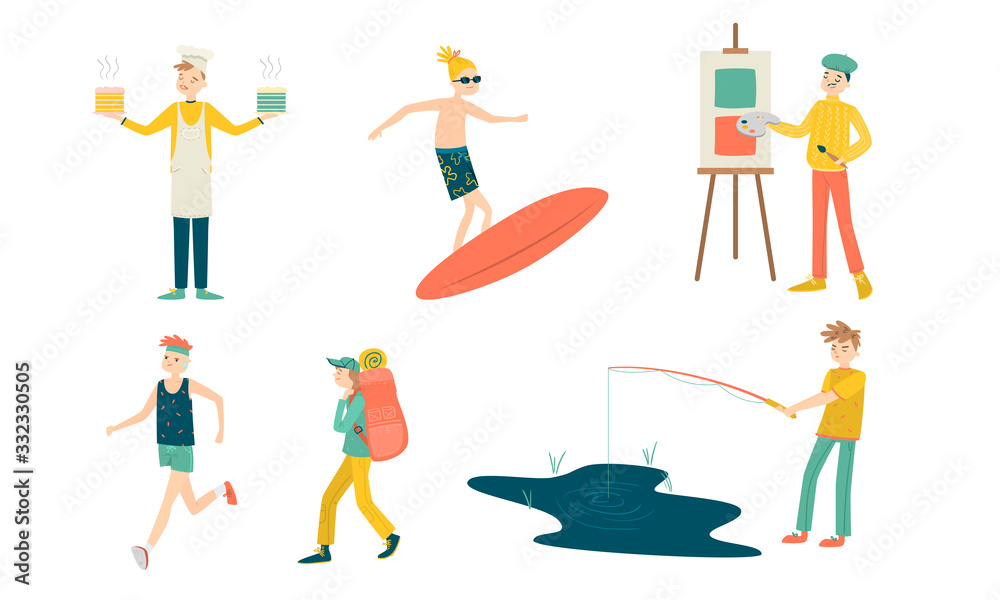 Set of girls and boys engage in hobbies. Vector illustration in flat cartoon style.