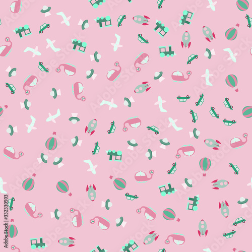 Baby boy and girl seamless pattern with toy transport