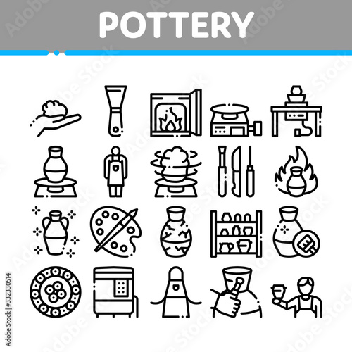 Pottery And Ceramics Collection Icons Set Vector. Pottery Equipment And Kiln, Potter And Spatula, Vase And Plate, Paint And Roasting Concept Linear Pictograms. Monochrome Contour Illustrations