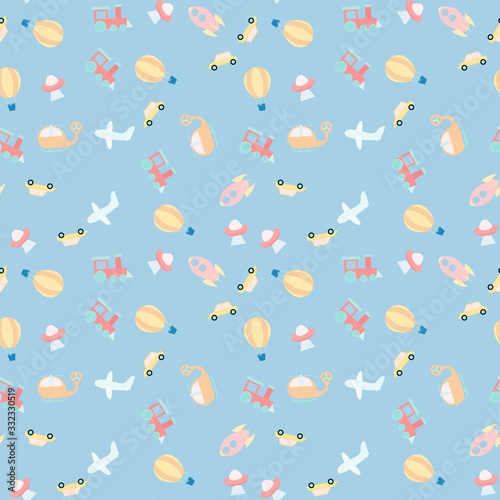 Baby boy and girl seamless pattern with toy transport