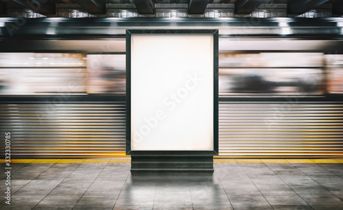 Mock up Poster media template Ads display in NYC Train Subway Station with moving Train on background. Realistic 3d render illustration photo