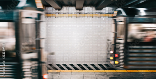 Fototapeta Naklejka Na Ścianę i Meble -  Mock up NYC Train Subway Station with Free Space for mockup photos, frames, ad and prints between two Moving Train on background. Realistic 3d render illustration