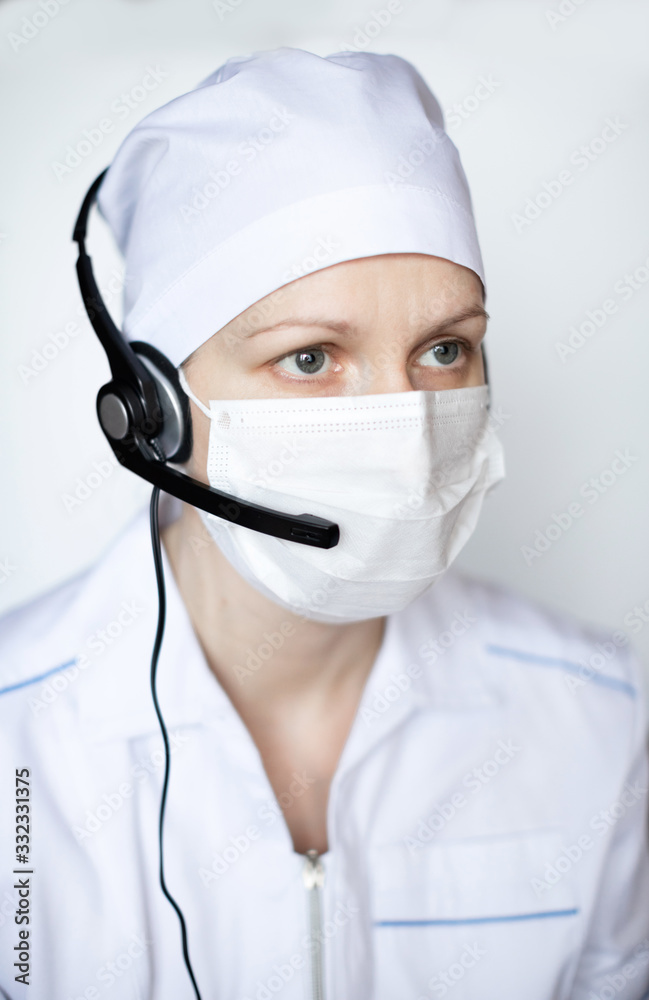 Doctor woman wearing protective mask in headset. Doctor woman wearing protective mask in headset.