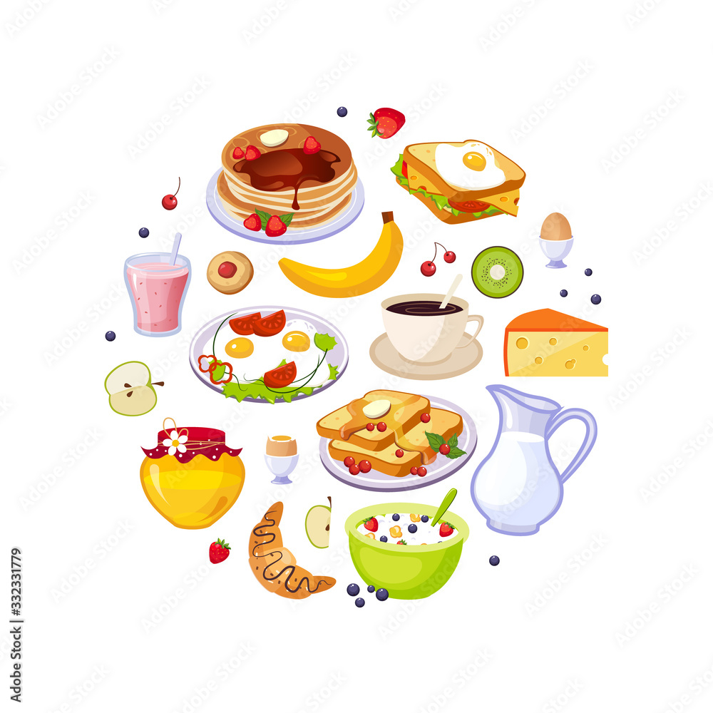 Breakfast Food of Circular Shape, Fresh Tasty Morning Meal DishesVector Illustration