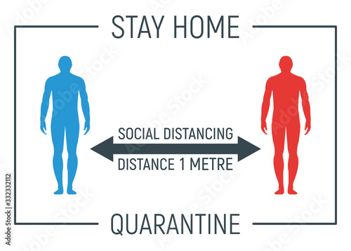 Stay home and social distancing banner, label epidemic coronavirus, quotation, silhouette people character stand, concept vector illustration.