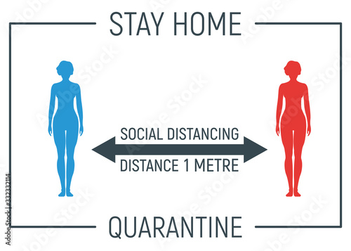 Stay home and social distancing banner, label epidemic coronavirus, quotation, silhouette people character stand, concept vector illustration.