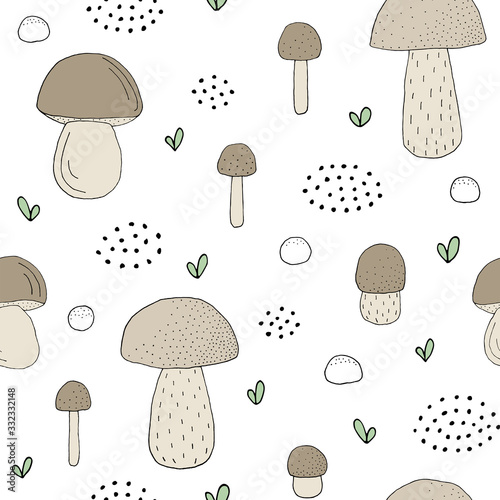 Seamless texture with forest mushrooms and hand drawn elements