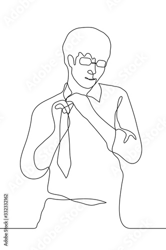 One continuous line art of a young man with glasses and a shirt standing. Vector outline man untie/tie a long tie. Choking, fatigue, stress. It can be used for animation.