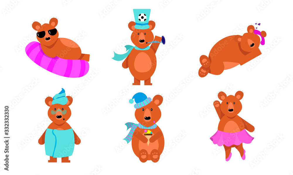 Set of funny brown bears in different action situations. Vector illustration in flat cartoon style.