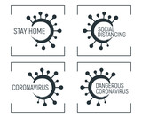 Epidemic coronavirus font label, concept vector illustration, isolated on white. Quotation social distancing banner, stay home, antivirus propaganda.
