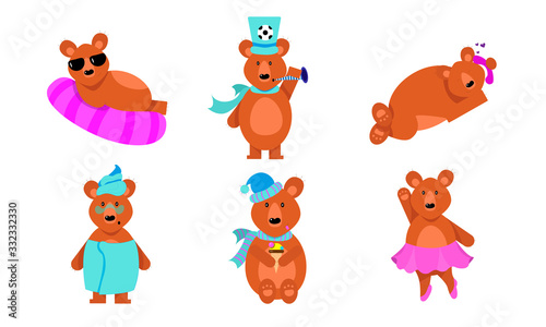 Set of funny brown bears in different action situations. Vector illustration in flat cartoon style.