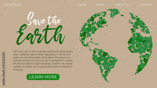 Template concept for webpage on ecology, environmental issues, environmental pollution. Illustration of the planet earth made of flowers, on a light brown background, block of text.