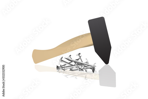 Nails pile and hammer.