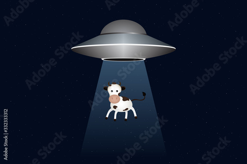 UFO abducts cow at night. Vector illustration.