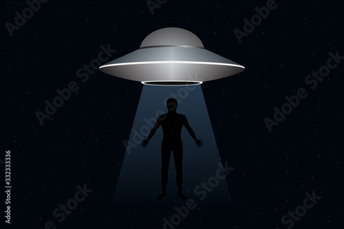 Alien abduction. Flying saucer abducts human. Vector illustration.