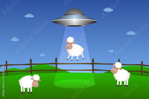 Flying saucer abducts sheep. Vector illustration.