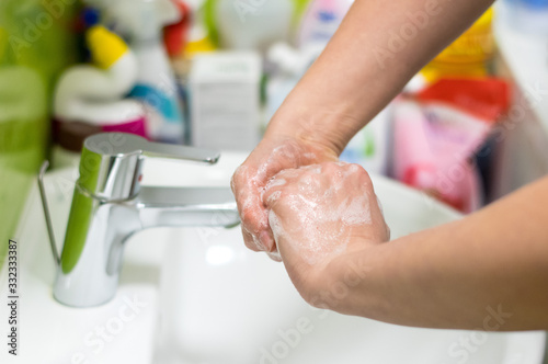 Correct washing hands with soap and hot water. Prevention from catching various deseases. 