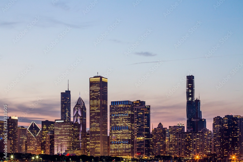 Beautiful view of Chicago skyline at twilight, Illinois, USA