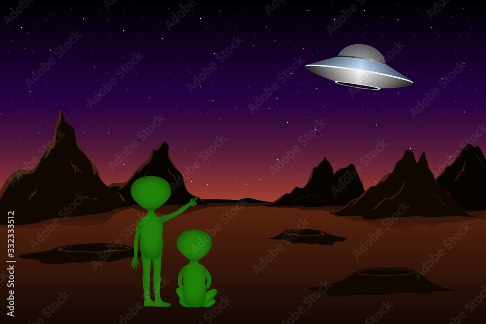 Two green Martians looking to flying saucer. Vector illustration.