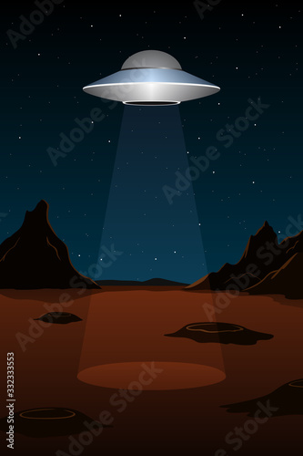 Alien spaceship above planet Mars. Vertical poster. Vector illustration.