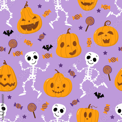 Cute spooky orange pumpkin, skeleton, bat, lollipop and candy seamless pattern. Halloween holidays cartoon character set. Trick or treat background. -Vector