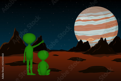 Two green aliens looking to Jupiter from Mars. Vector illustration.