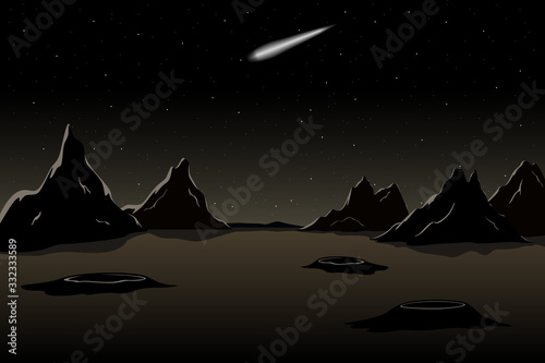 Martian landscape with mountains  craters and comet. Vector illustration.