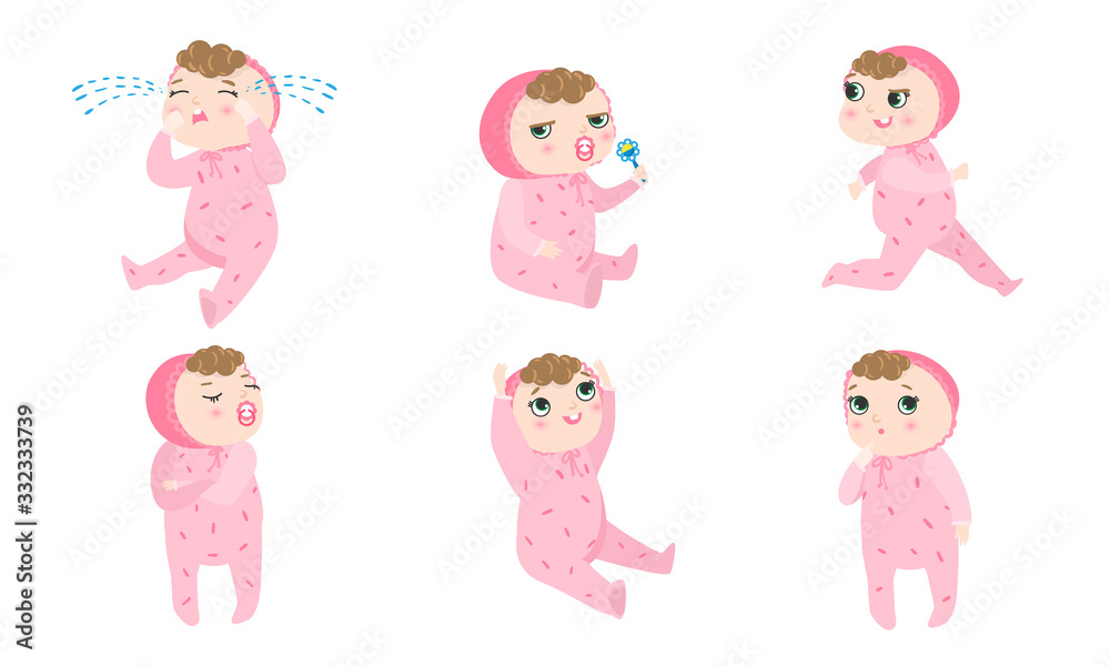 Set of a cute baby in pink pajama with different emotions and situations. Vector illustration in flat cartoon style.