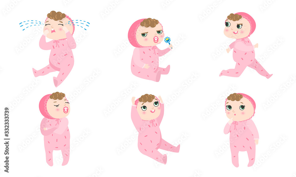 Set of a cute baby in pink pajama with different emotions and situations. Vector illustration in flat cartoon style. Set of a cute baby in pink pajama with different emotions and situations. Vector illustration in flat cartoon style.