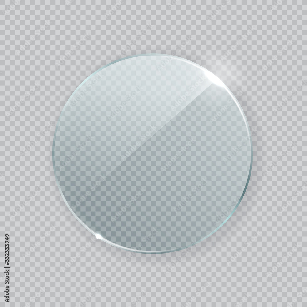 Round vector glass frame. Isolated plate on transparent background. Realistic texture with glares and light