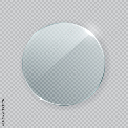 Round vector glass frame. Isolated plate on transparent background. Realistic texture with glares and light