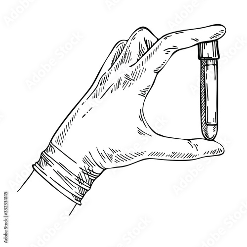 Sketch Hand with latex glove holding a test tube with the analysis. Blood sample for coronavirus infection COVID-19.