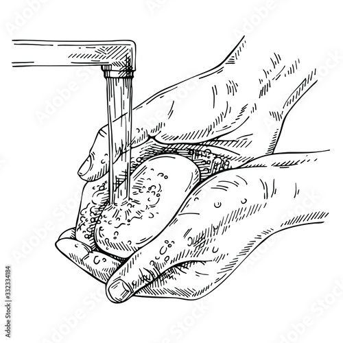 Sketch hands washing. Healthy washing hands, personal hygiene. Hand drawn ink Hands under water. 